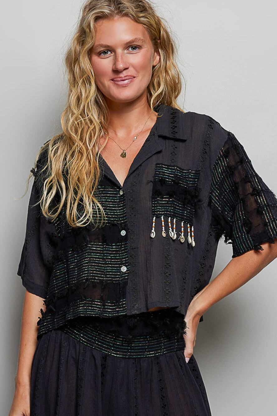 POL Boho Woven Texture Fringe Shell Beads Short Shirt Top